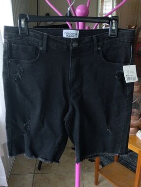 Colorful Planet Black Distressed Denim Bermuda Shorts Ladies Size 18